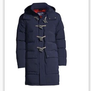LANDSEND Men’s Down Duffel Coat Attached Hood Gray Toggles Lightweight Warm